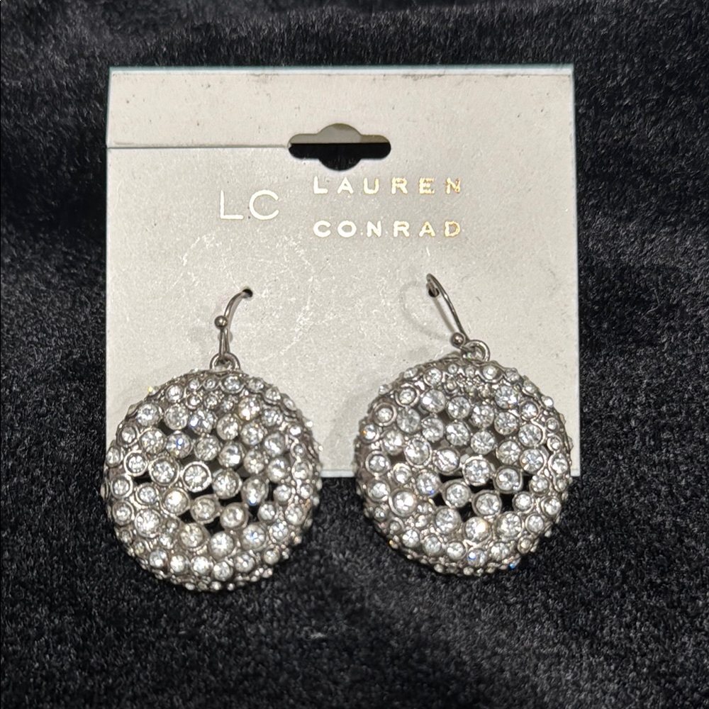 LC Lauren Conrad Silver Dangle Earrings with Textured Design and Rhinestones